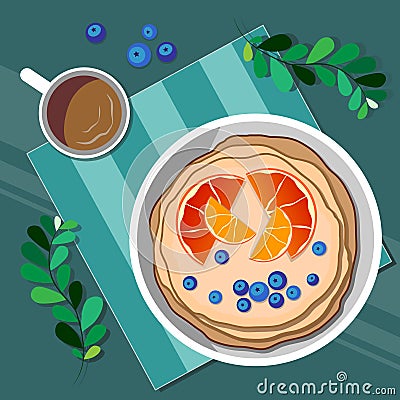 Vector illustration of pancakes with blueberries, orange and tangerine slices and a cup of coffee Vector Illustration